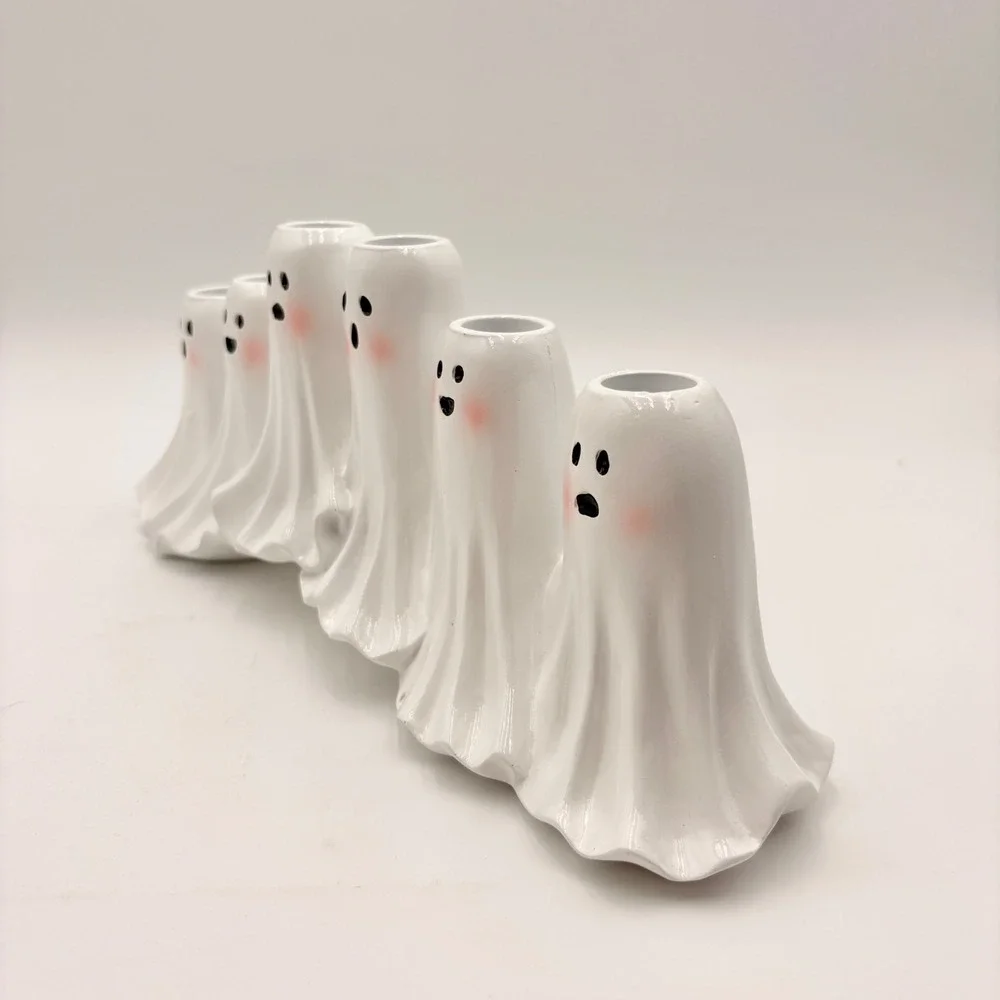 White Ghost Taper Candle Holder Halloween 6-Slot Spooky Candelabra Mantel Decor